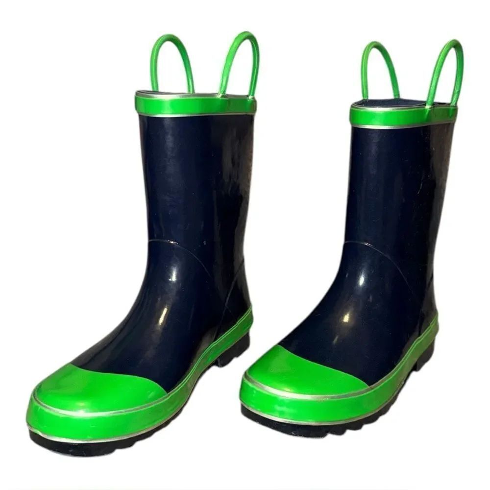 Northside Unisex Child Classic Rain Boots Navy Blue & Green Pull On 2M EUC